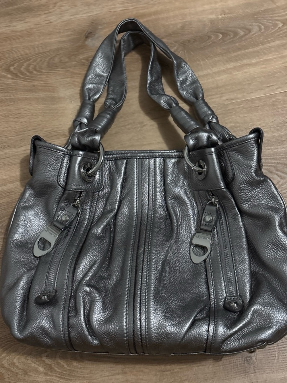 B. Makowsky Metallic Silver Pewter Leather Hobo Bag